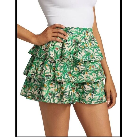 Farm Rio Tropical Toucans Print Ruffles Layered Mini Skirt Green Size Small - Picture 2 of 9